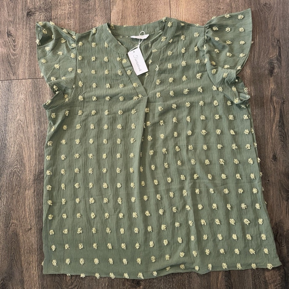 Fantaslook Women 2XL VNeck Blouse Olive Ruffle Short Sleeve Swiss Dot Summer Top